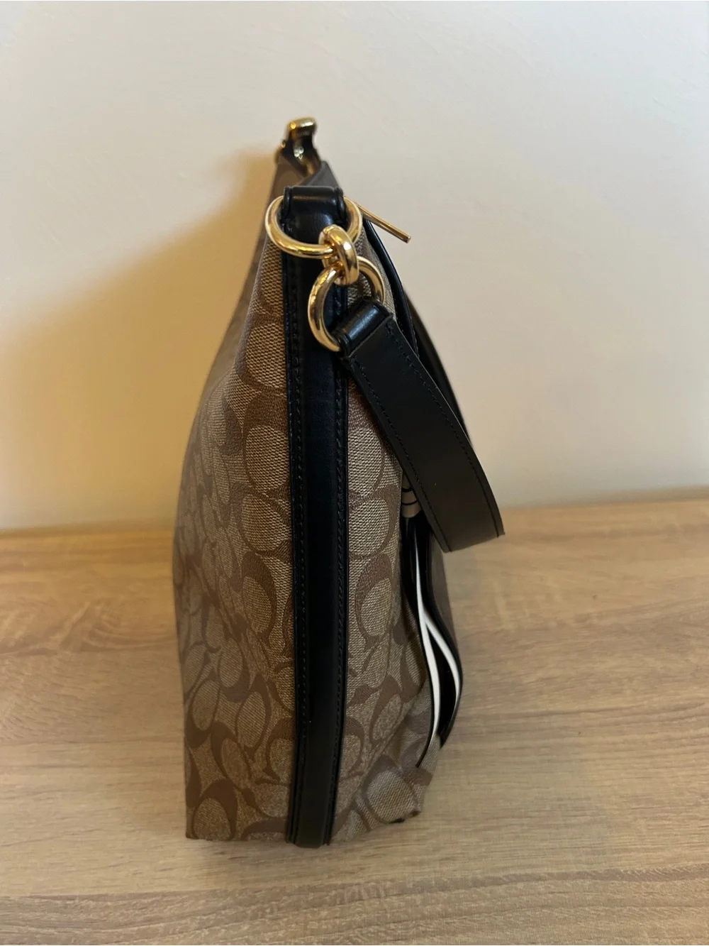 Coach Brown Signature Canvas Shoulder Bag with Black Strap and Gold Hardware